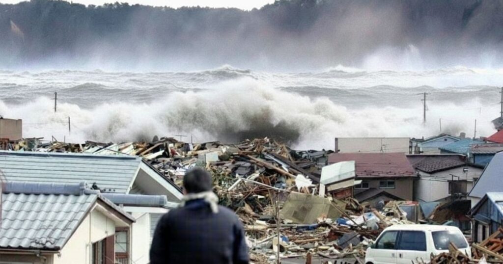 津波が引いても戻ってはいけないことさえ、忘れ被災現場にもどるイメージ