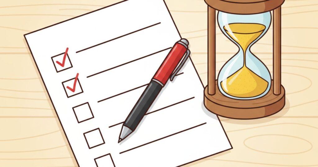 やりかけのチェックリスト。砂時計が落ちきる前にタスクをこなせるかを連想させるイラスト