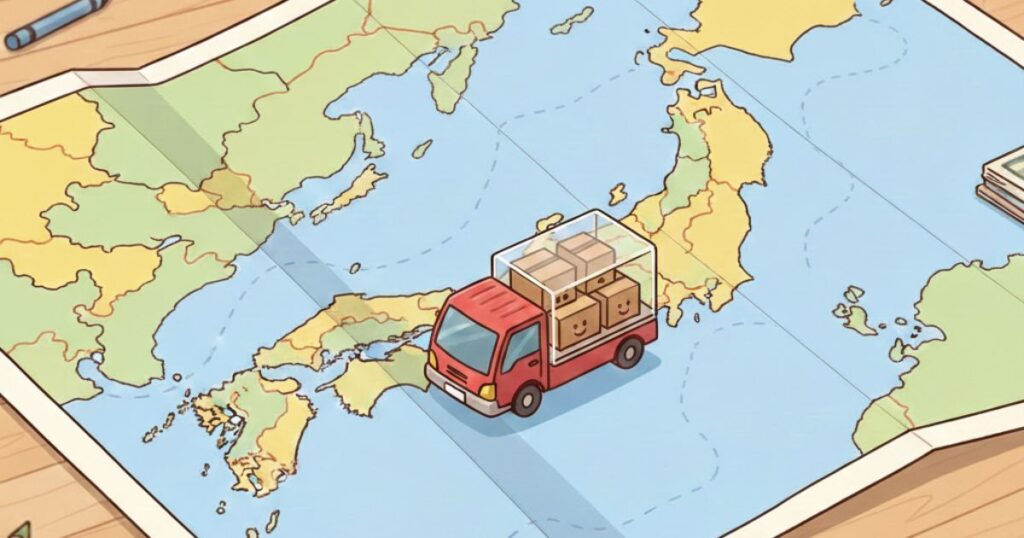 地図の上のトラックのおもちゃ。引っ越しを連想させるイラスト