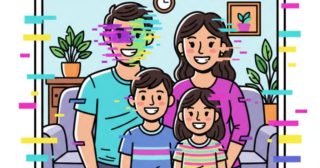 家族写真がデジタル・グリッチによりバグが起きている。選択を間違えることで家族が崩壊することを連想させるイラスト