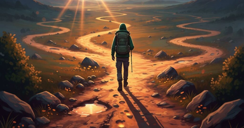 過去の選択から続いてきた道。また現在、から未来の選択の分岐をイメージしたイラスト