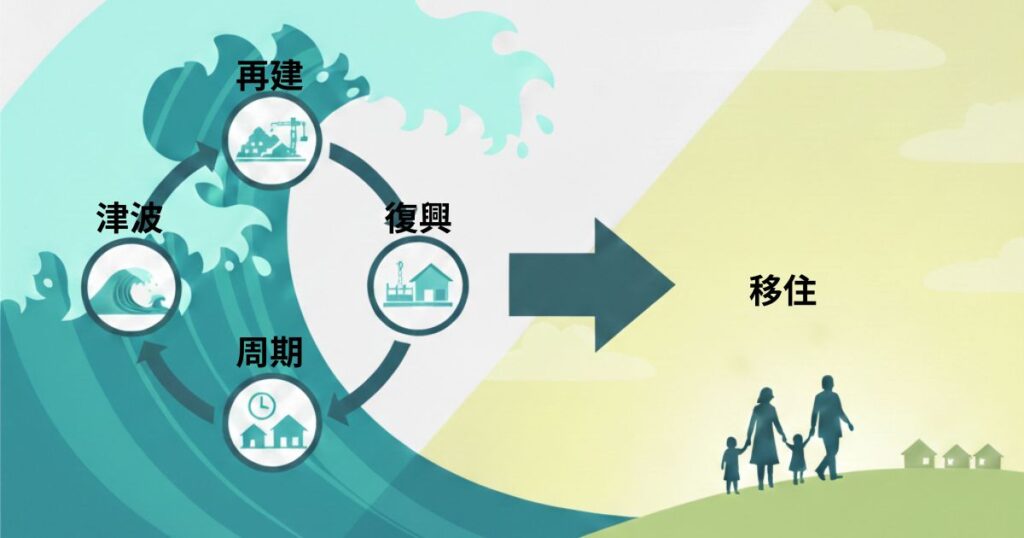 津波からは逃れられない負のサイクルの図解
１．津波
２．再建
３．復興
４．周期